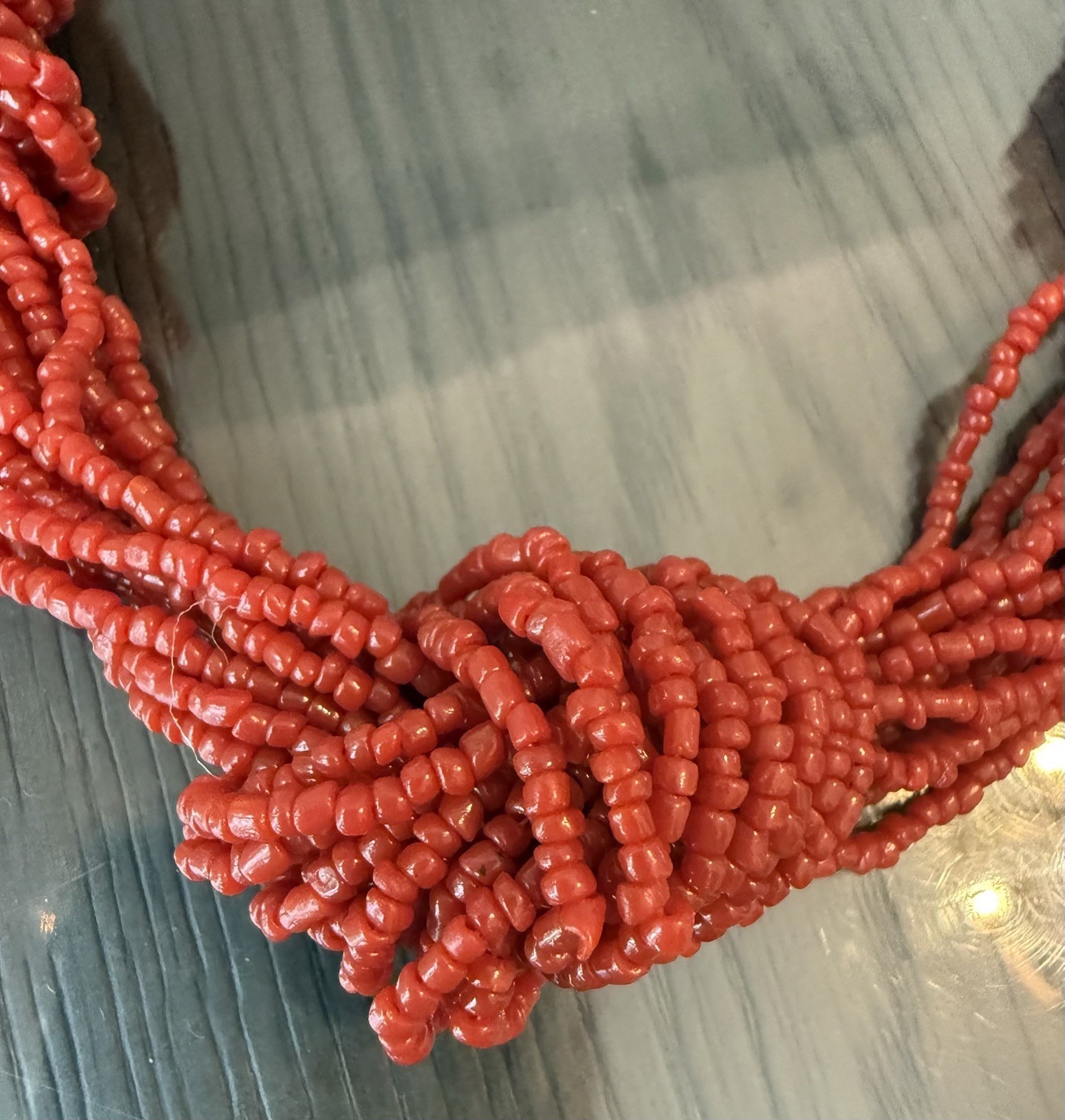 Red Multi-Strand Round Bead Statement Necklace with Knot Design, Hook