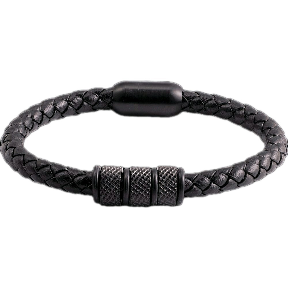 Black PVD Stainless Steel Braided Leather Cord Bracelet Magnetic Clasp 8in. STU
