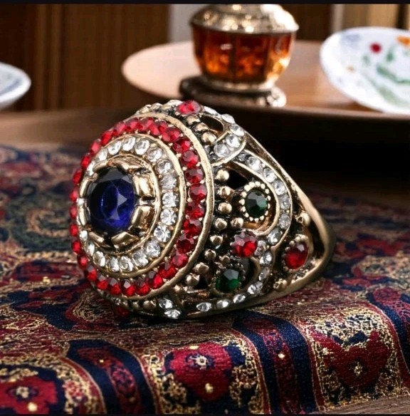 Men’s Vintage Blue Sapphire Pinky Ring Gold Tone Red Green Crystal Ring