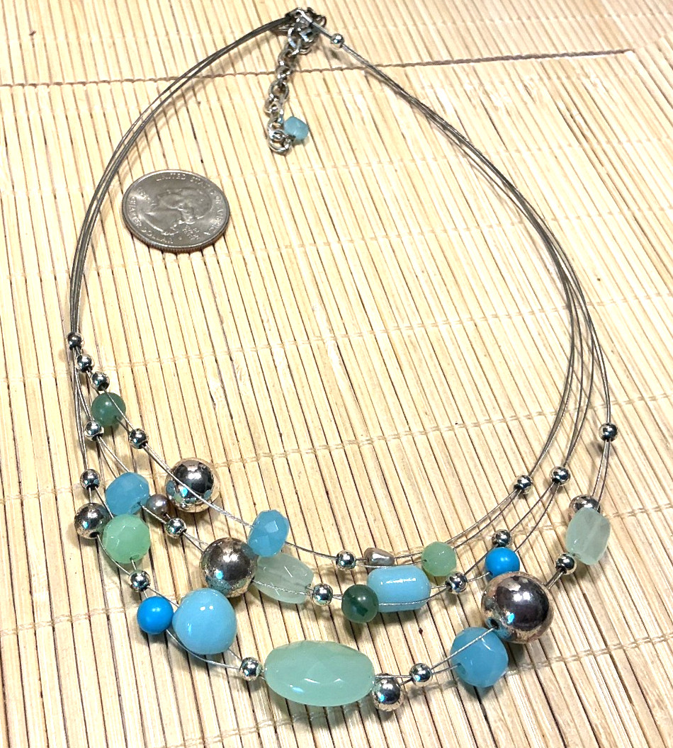 Talbot’s Necklace Silver Tone Aqua Turquoise Green invisiline Choker Lot 103C
