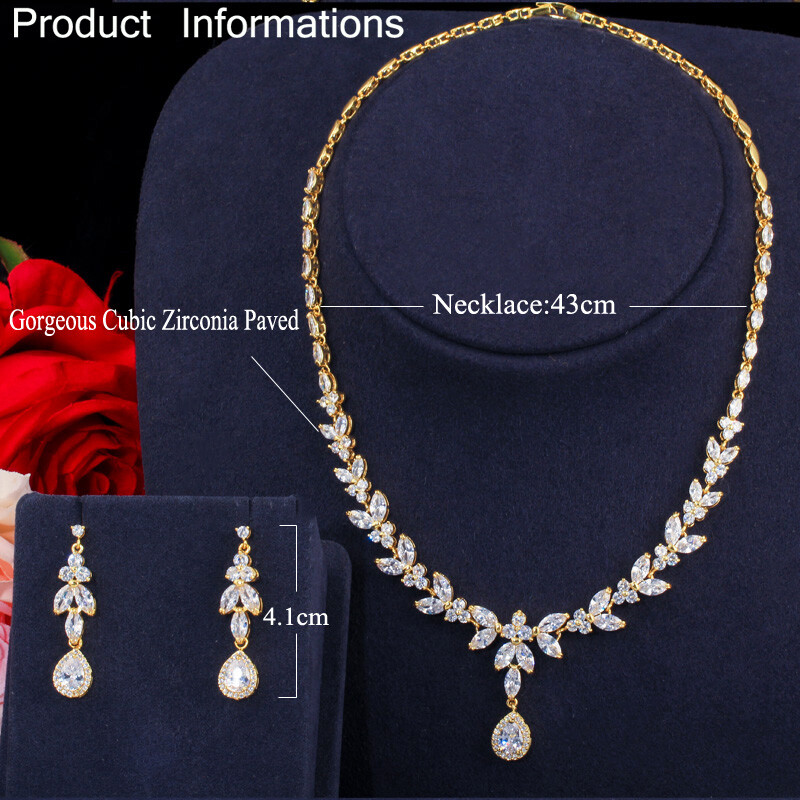 CWWZircons Luxury Leaf Silver Plated Cubic Zirconia Wedding Necklace Jewelry Set