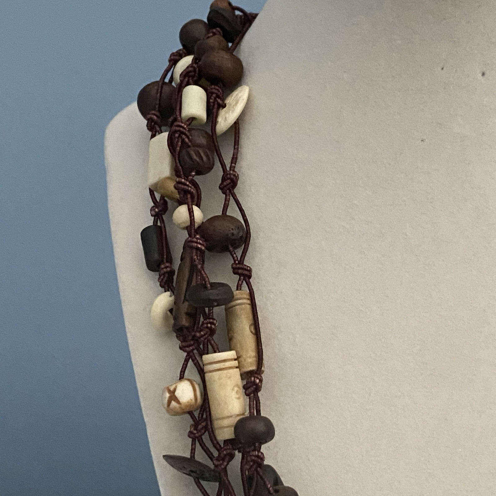 Multi-Strand Bead Necklace Collar Brown Cream Boho Tribal Chunky Layered