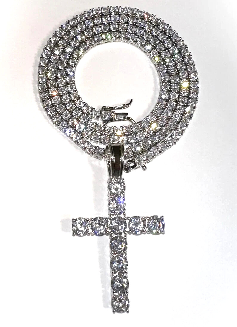 Eye-Clean White Cubic Zircon Cross Necklace 20 Inch 925 Sterling Silver Jewelry