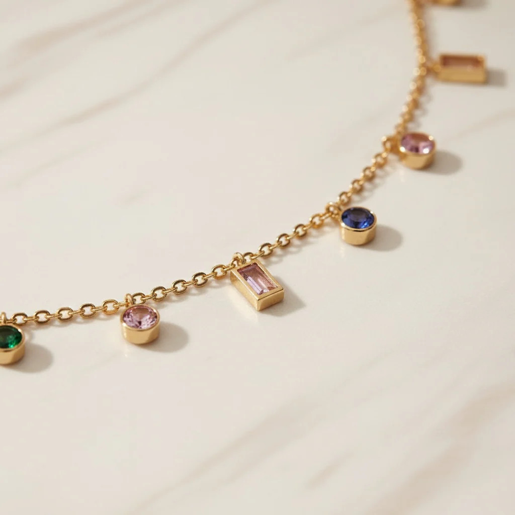 Multicolor Gemstone Necklace Gold Charm Necklace |Stainless Steel Layering Chain