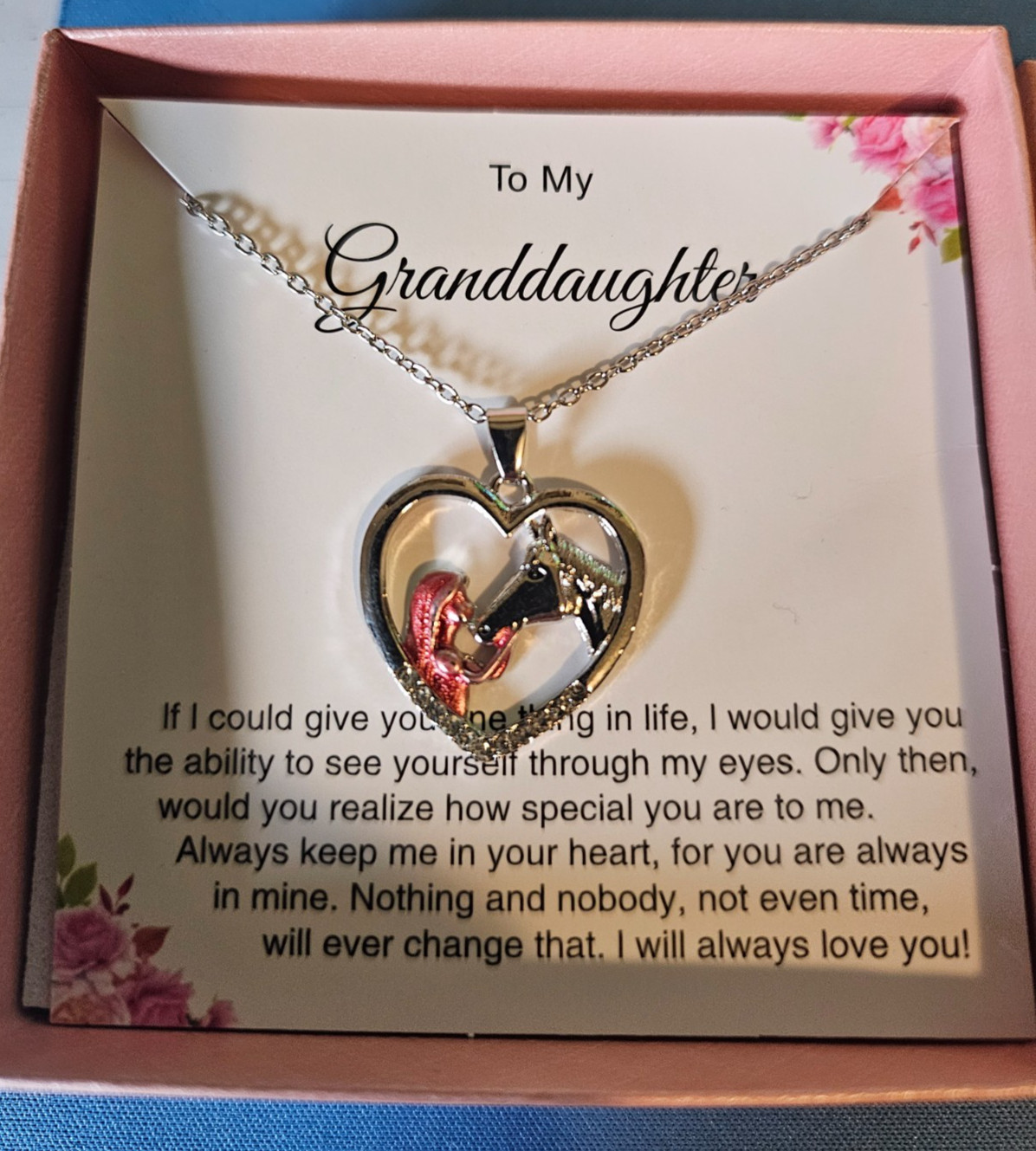 Fashion Girl And Horse Heart Pendant Jewelry Gift for Granddaughter with Card