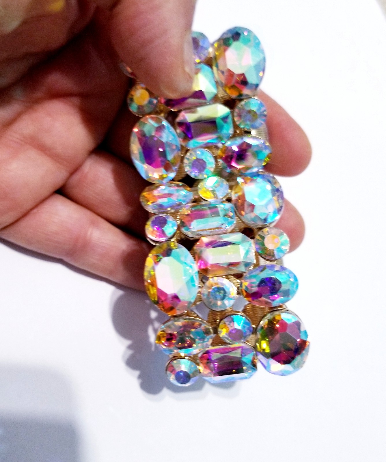 Iridescent Gold Rhinestone Stretch Bracelet Statement Drag Pageant Prom Bridal