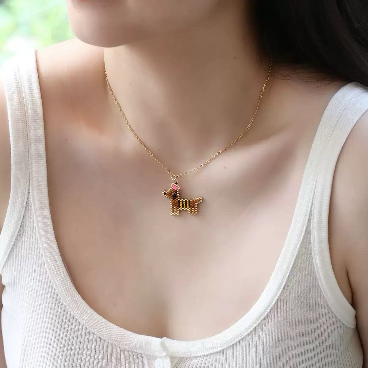 Miyuki Bead Dachshund Pendant Necklace Gold Plated Thin Chain Gift for Women