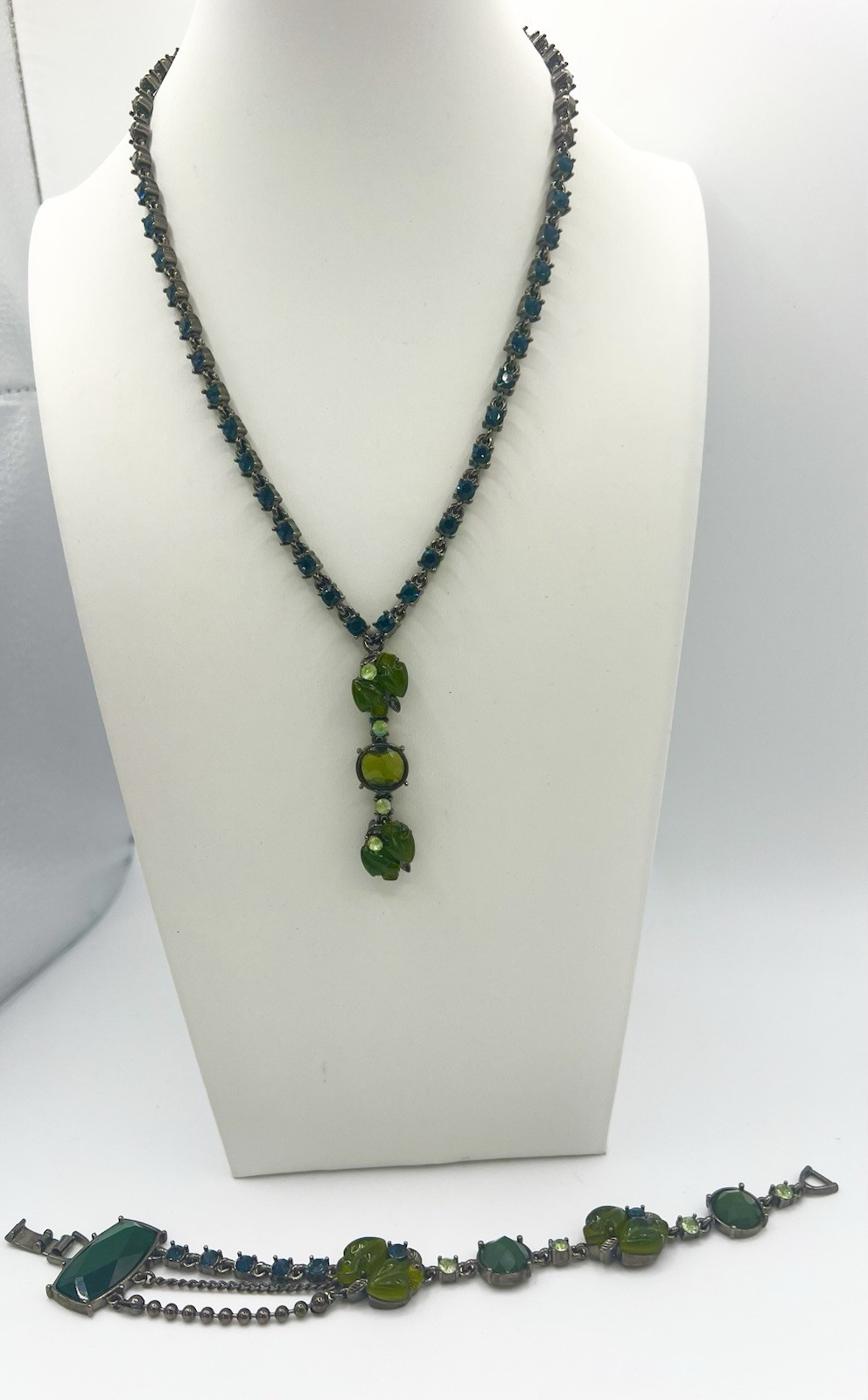 Gunmetal Silver Green Blue Gray Rhinestone Statement Necklace & Bracelet