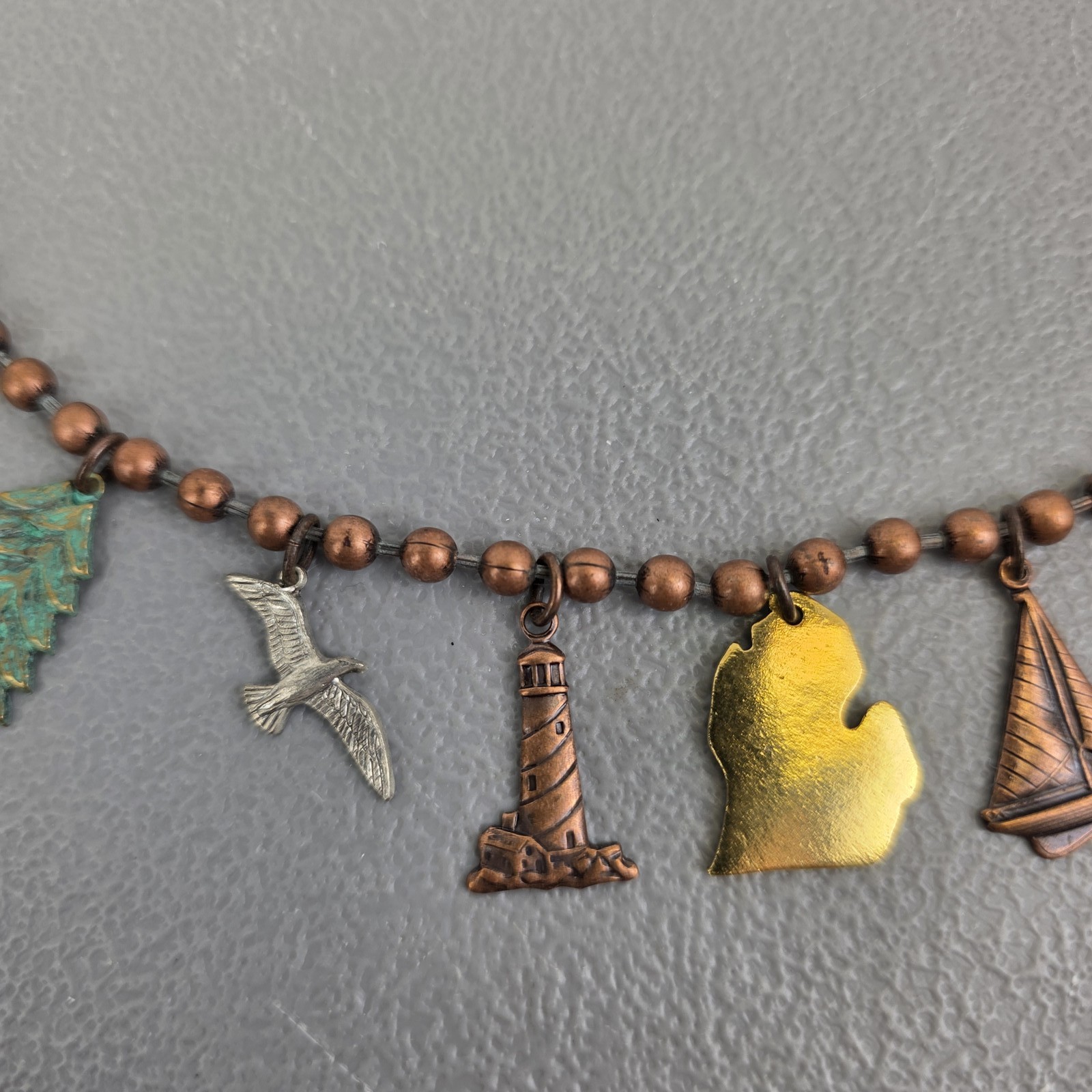 Michigan Themed Charm Necklace Ball Chain Copper Bronze Tone Lighthouse Map Elk