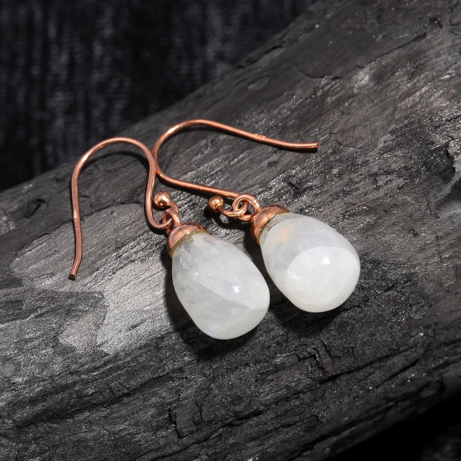 Natural Moonstone Teardrop Dangle Earrings Rose Gold Fill Solid Silver Jewelry