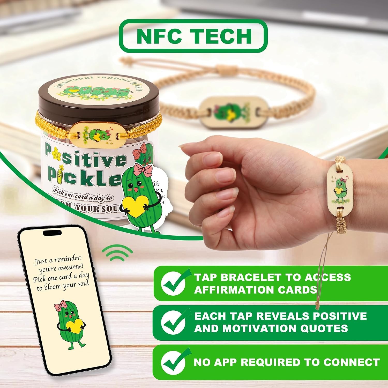 Positive Pickle Affirmation Jar with NFC Bracelet – 60 Affirmation Cards for Wom