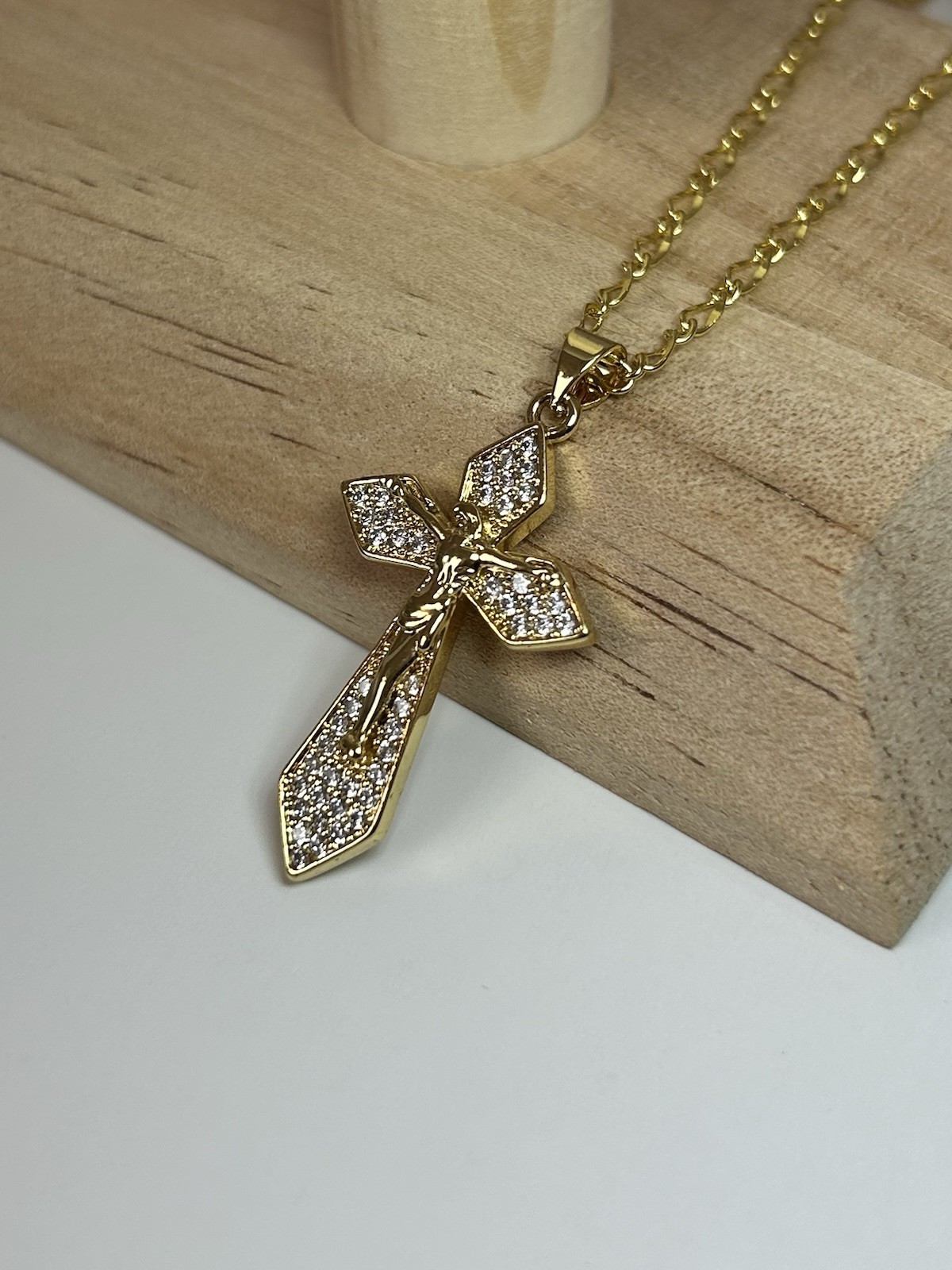 24K Gold Rolled Jesus Cross Necklace 45cm (17”) Fine Italian Figaro Chain 24ct