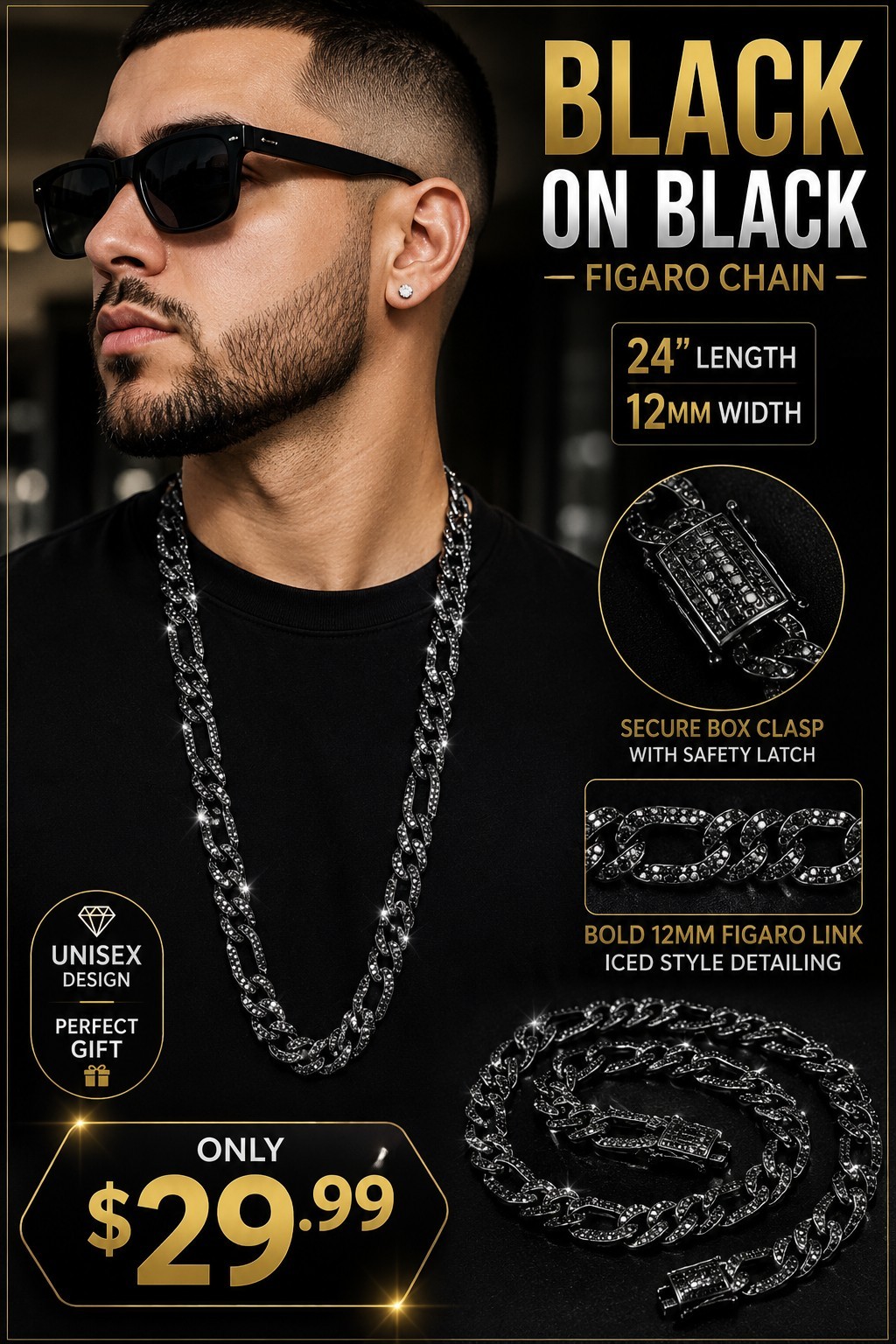 Black on Black Figaro Chain Necklace 24″ 12mm Iced Link Hip Hop Fashion Chain…