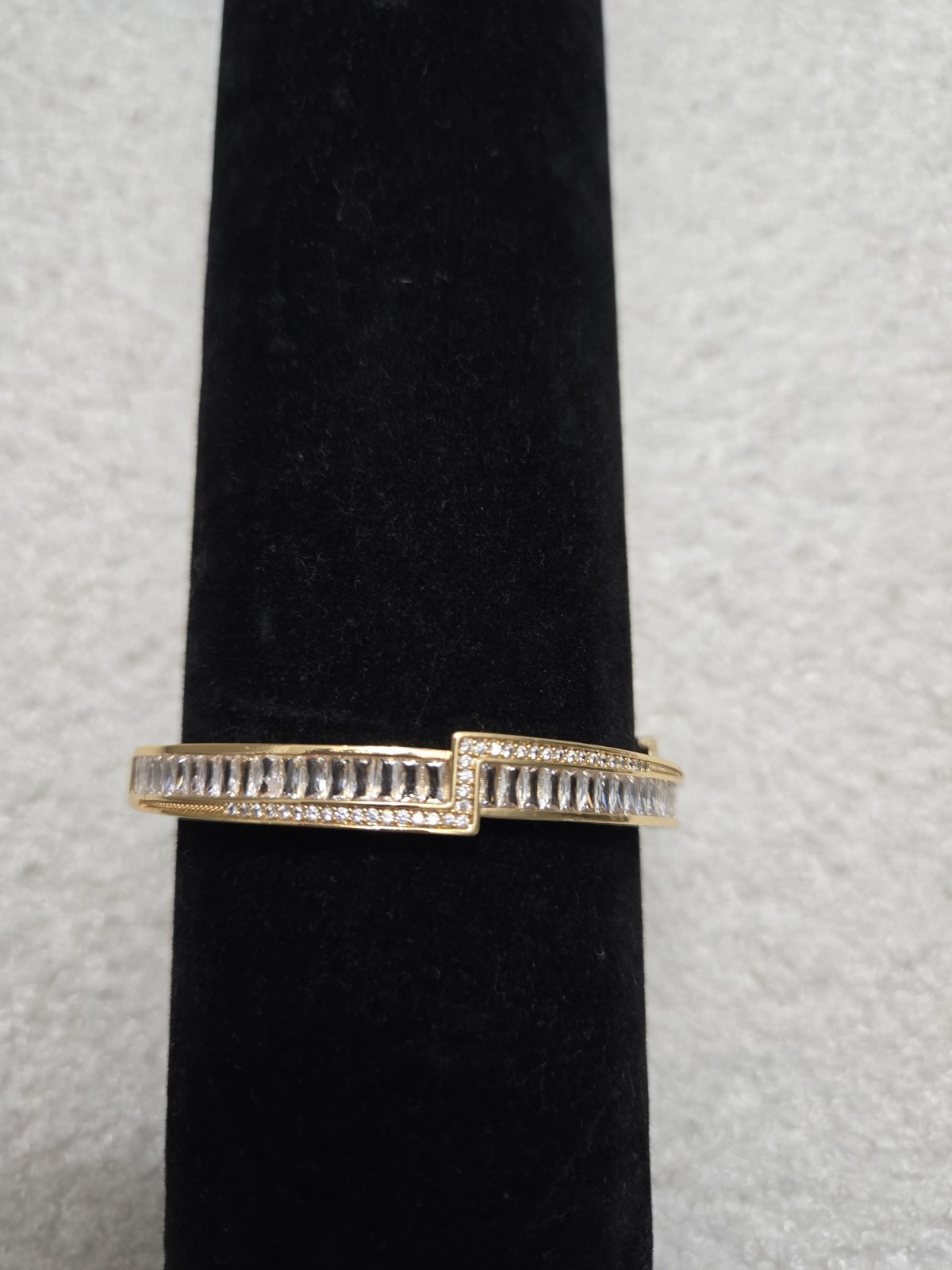 GoldTone Hinged Bangle Cuff WithRing Bracelet,Clear Baguette Crystal, Stackable