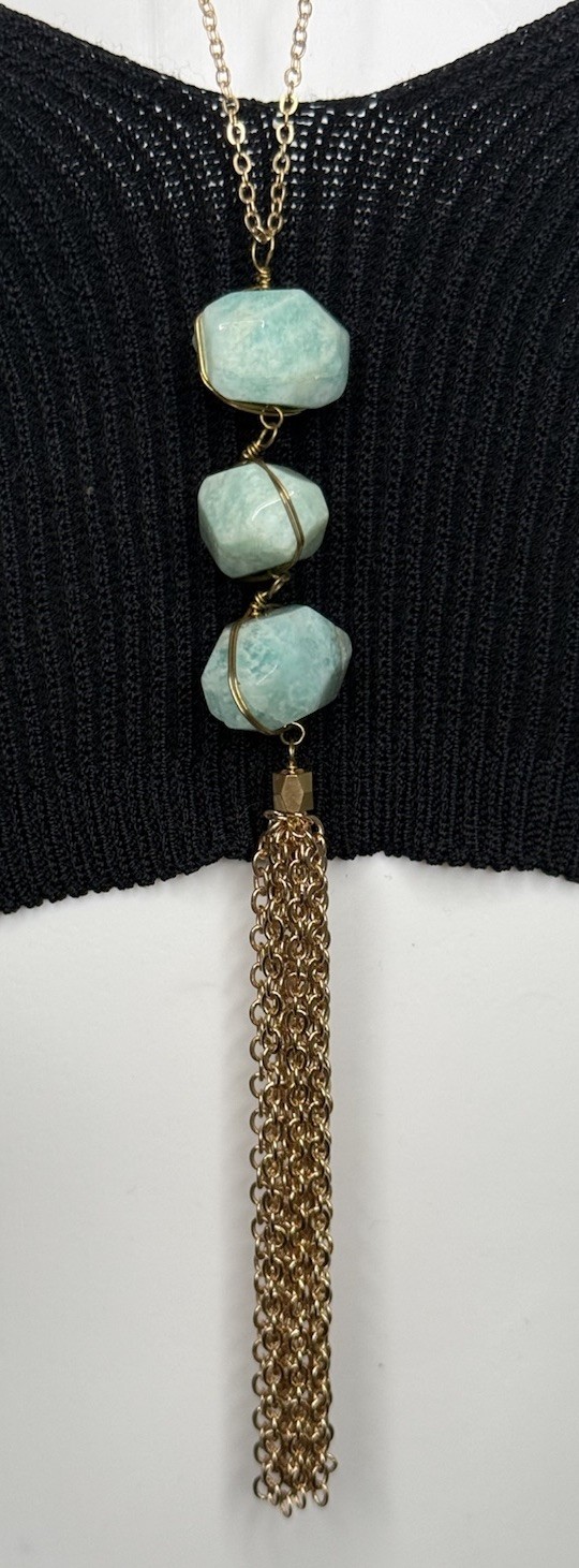 Blue Green Stone Style Tassel Pendant Necklace Gold Tone Long Boho 16.9g