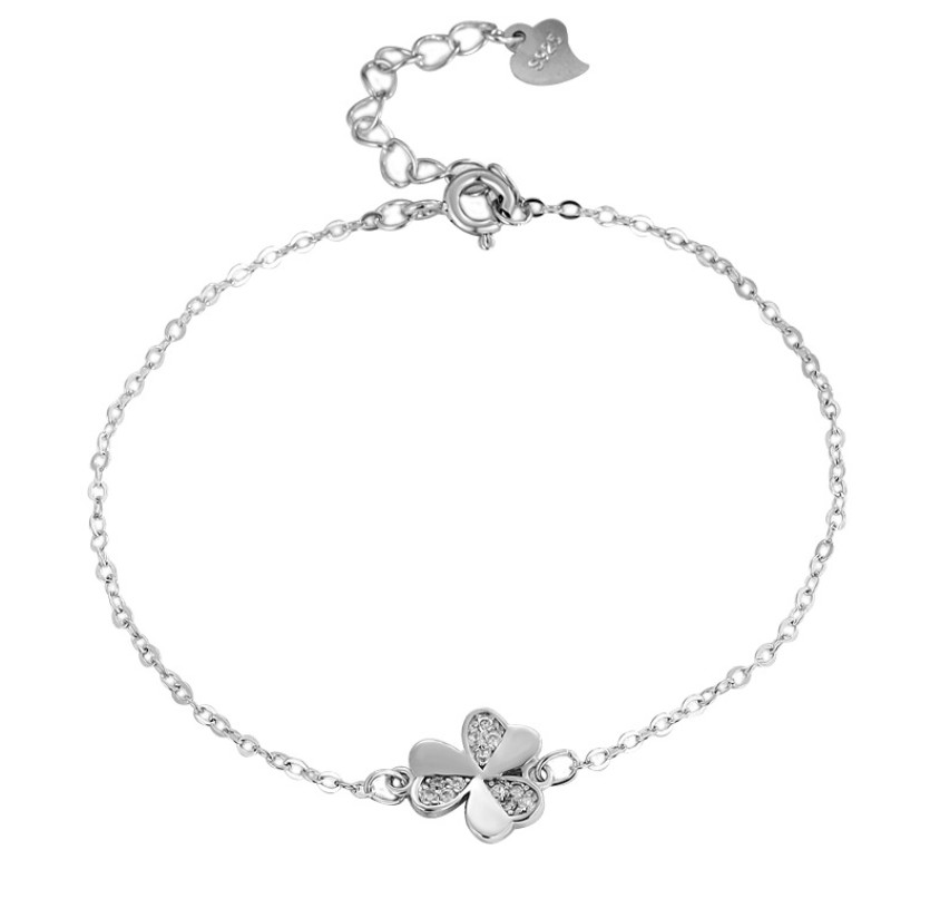 Women Clover CZ Dainty Link Chain Bracelet in Sterling Silver I62