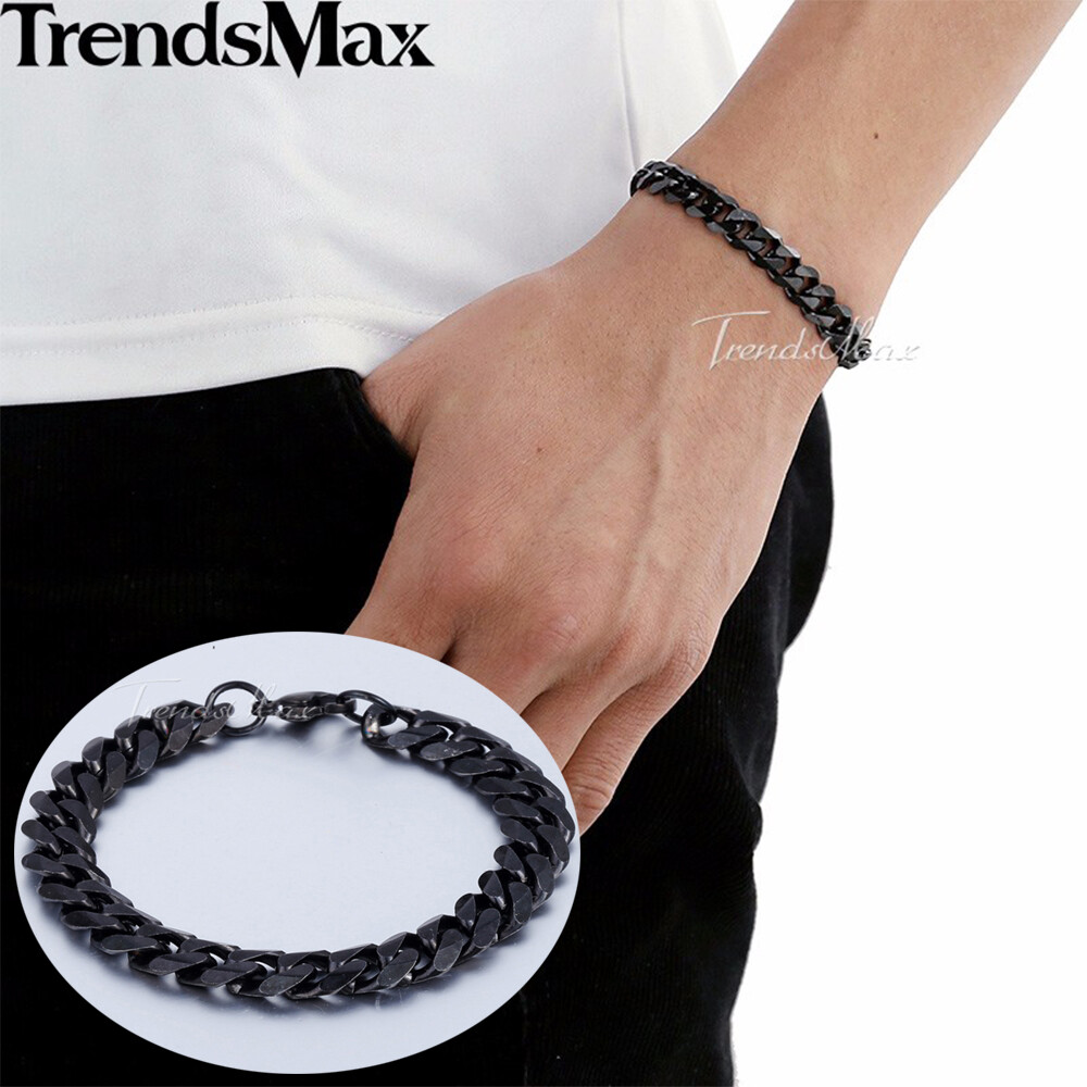 9mm Wide Black Tone Stainless Steel Curb Cuban Chain Bracelet 7/8/9″ Wholesale