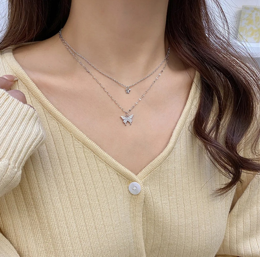 1pc Shiny Butterfly Necklace Double Layer Clavicle Chain Jewelry for Women – NEW