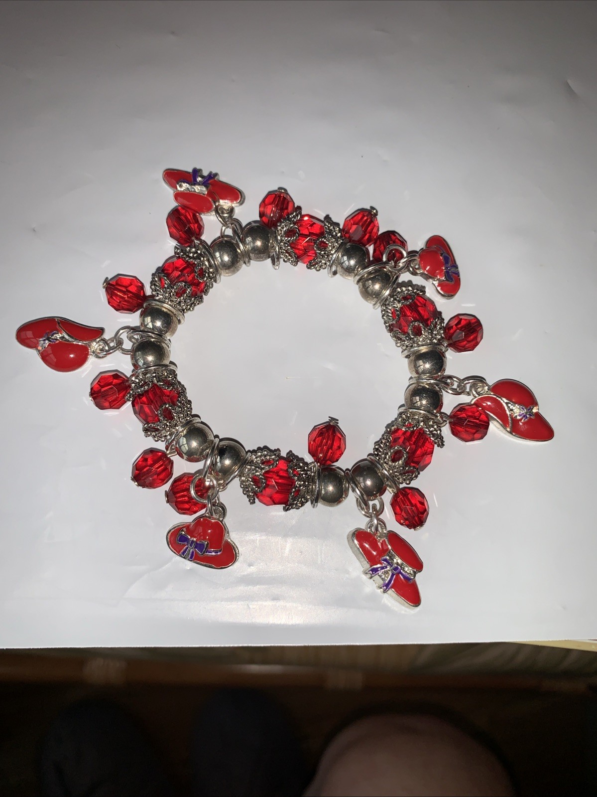 Silver Tone W/ 6 Red Hat Charms And Red Silver Beads Stretch Bracelet-6.5 To 7in