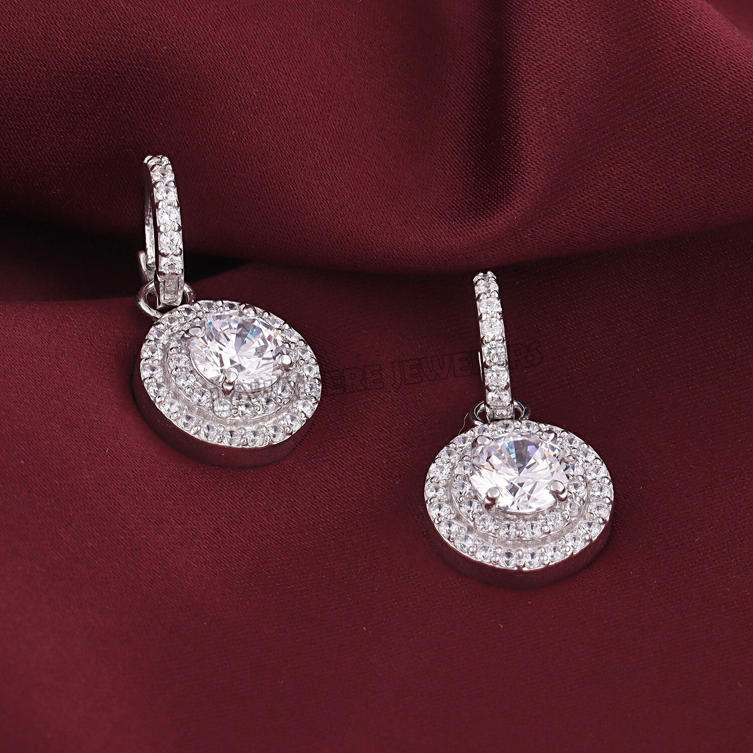 Round Cut Simulated Diamond Drop/Dangle Halo Earrings In 14k White Gold Plated