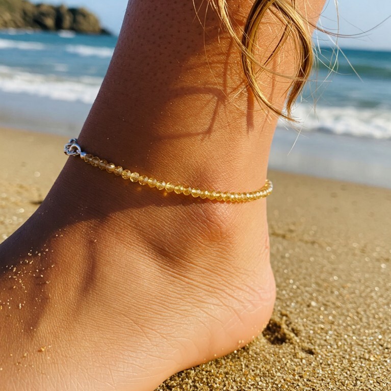 Dainty Natural Citrine Yellow Crystal Beaded Anklet With Silver Chain Women Gift