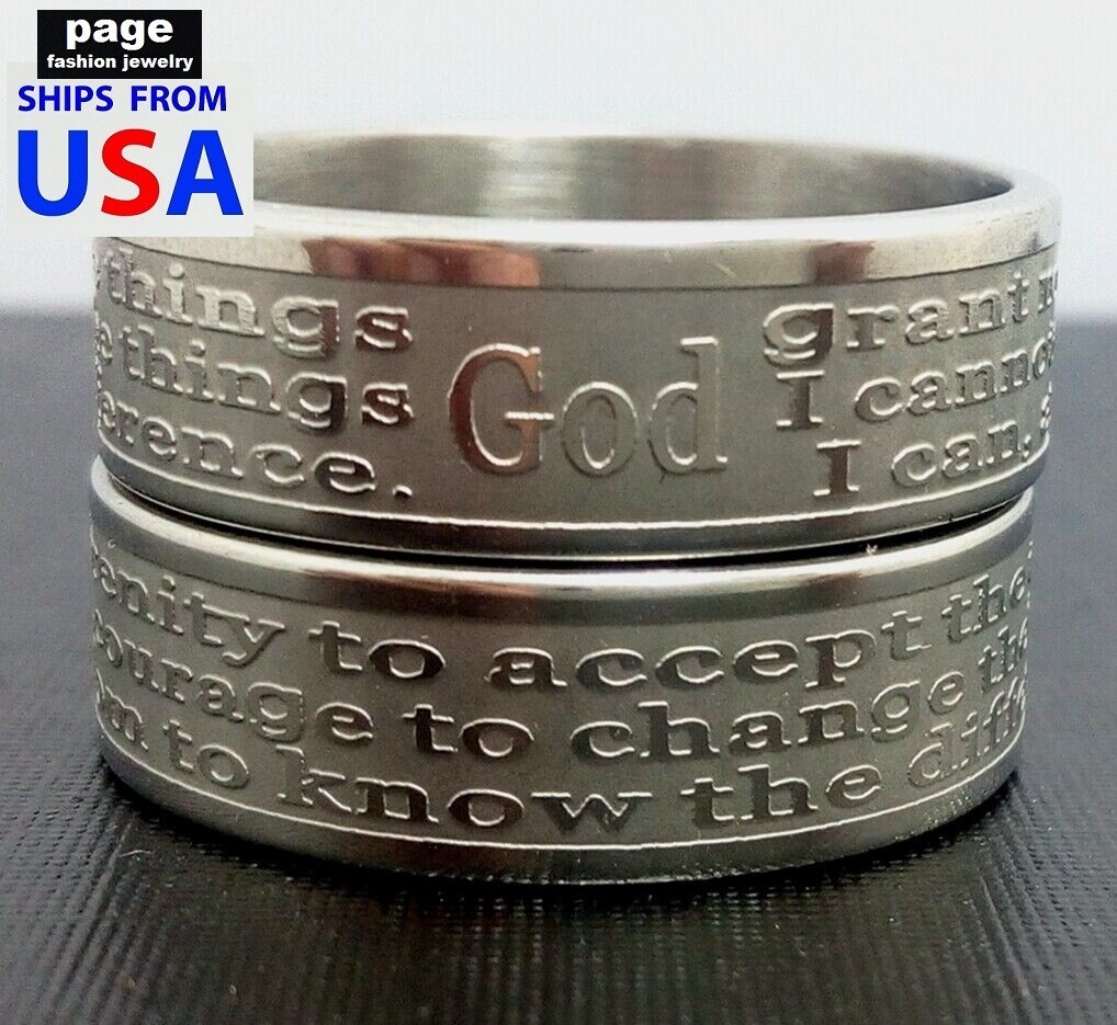 Polished Etched English The Serenity Prayer Stainless Steel Ring Size 7.5-12.5