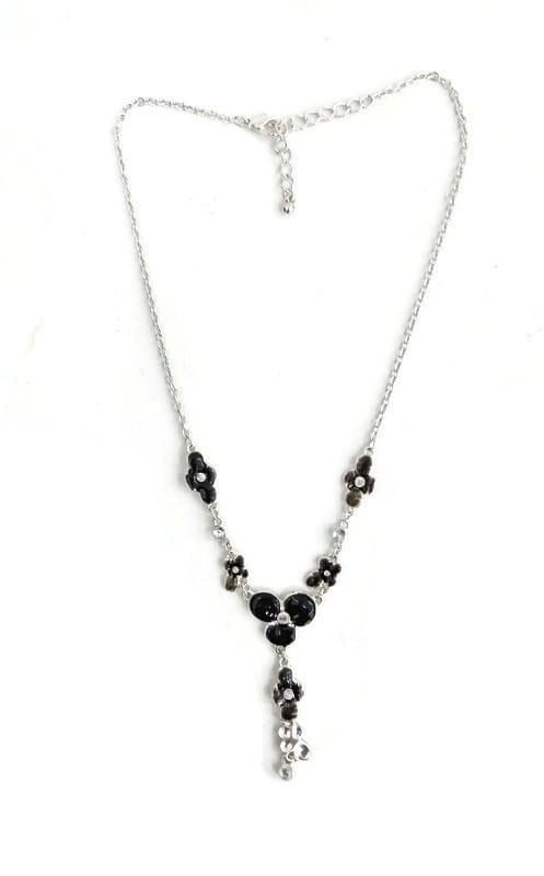 NWT F&F Women’s Floral Y-Necklace Silver Tone Black Enamel Crystal Statement Jew