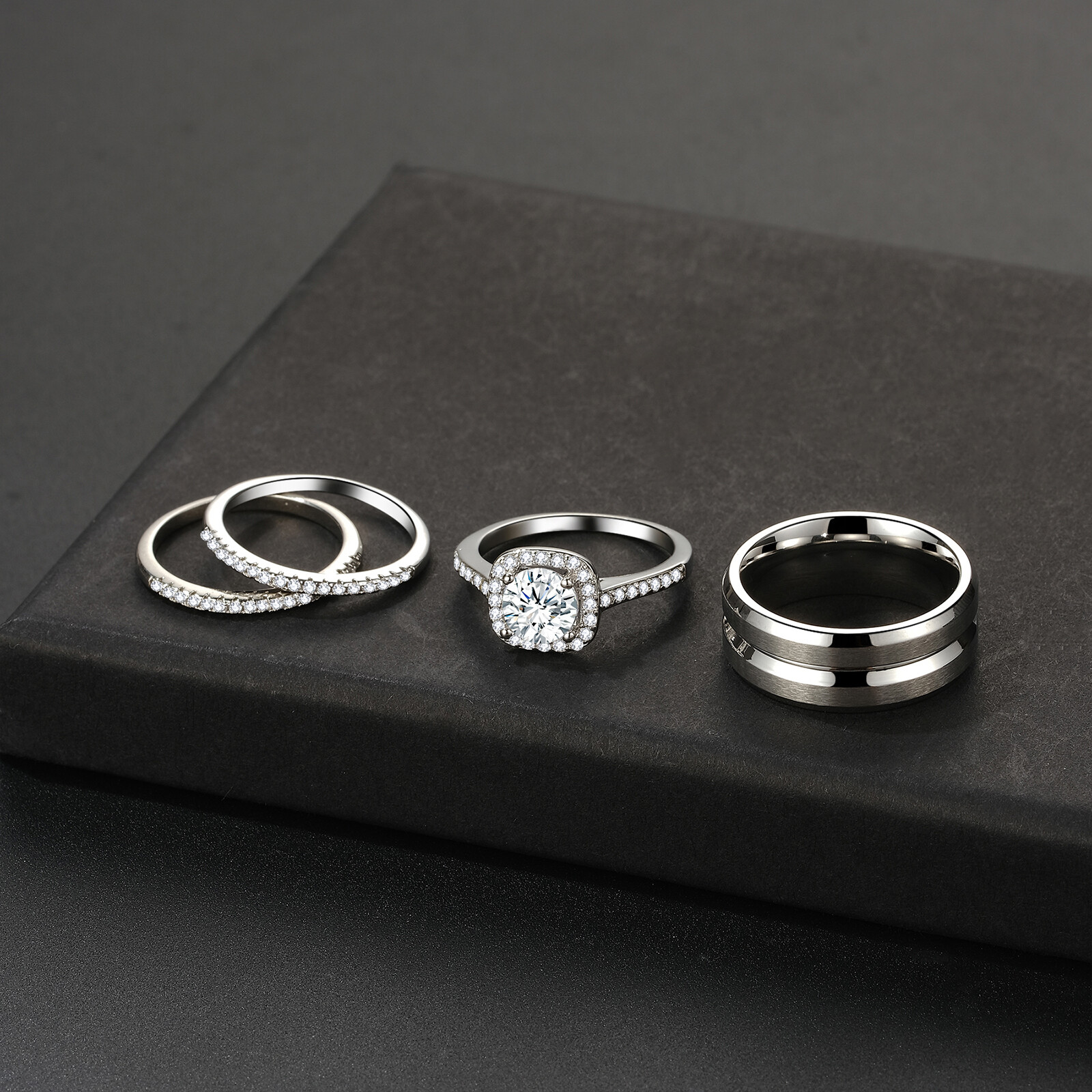 His Hers Simple Vintage CZ Eternity Ring Band Set Couple Matching Promise Rings