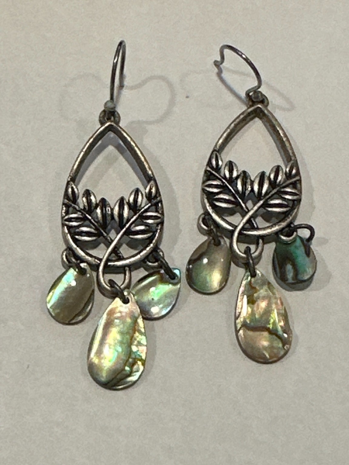 Abolone Shell Chandelier Earrings Silver Tone Leaf Teardrop Boho Dangle