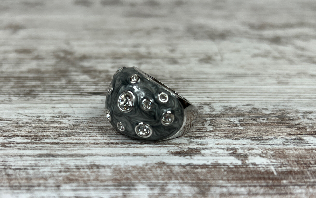 Lia Sophia Panache Ring Size 10 Silver Black Gray Swirls Rhinestones Dramatic!