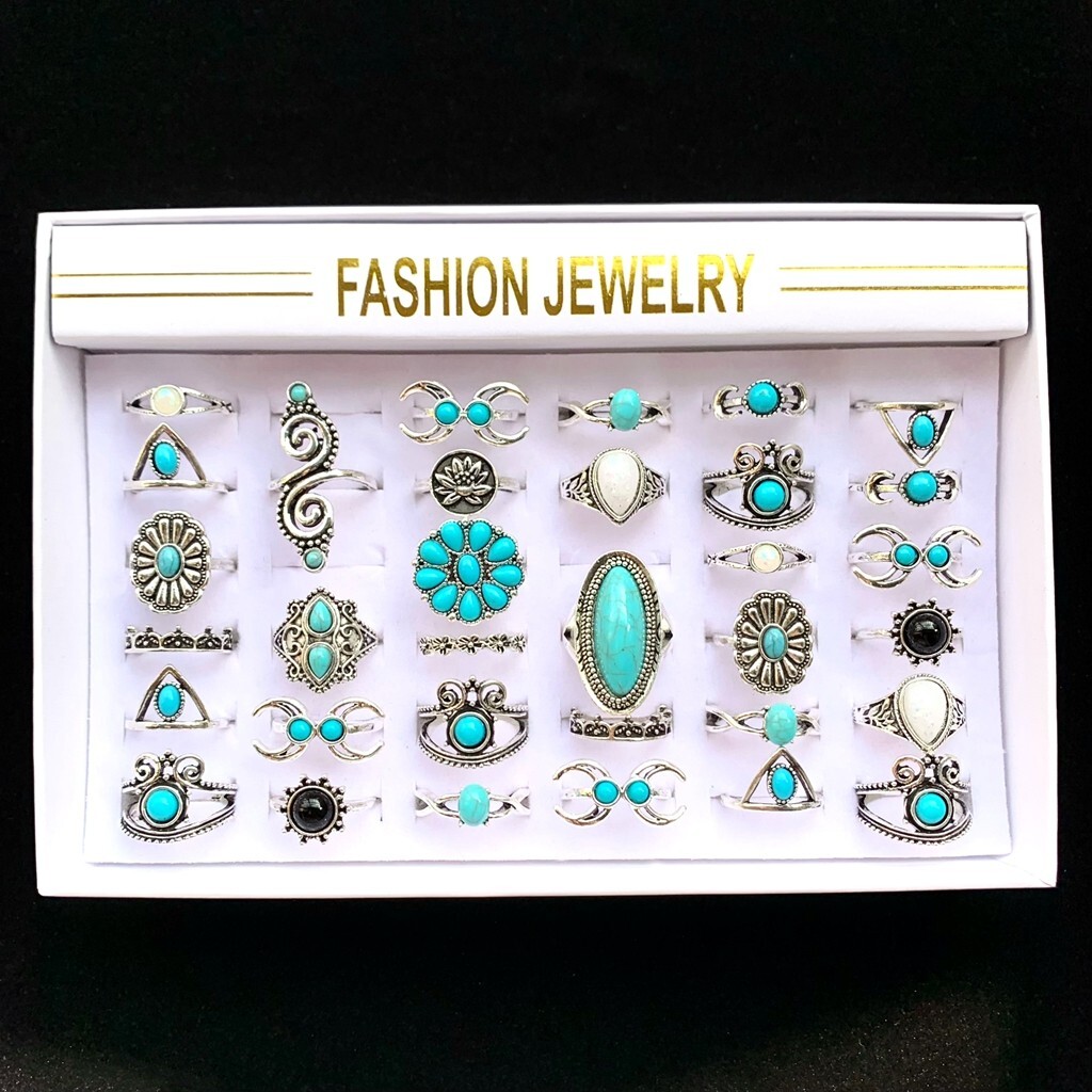 50pcs/lot Mix Bohemia Turquoise Vintage Rings Women Ethnic Silver Plated Jewelry