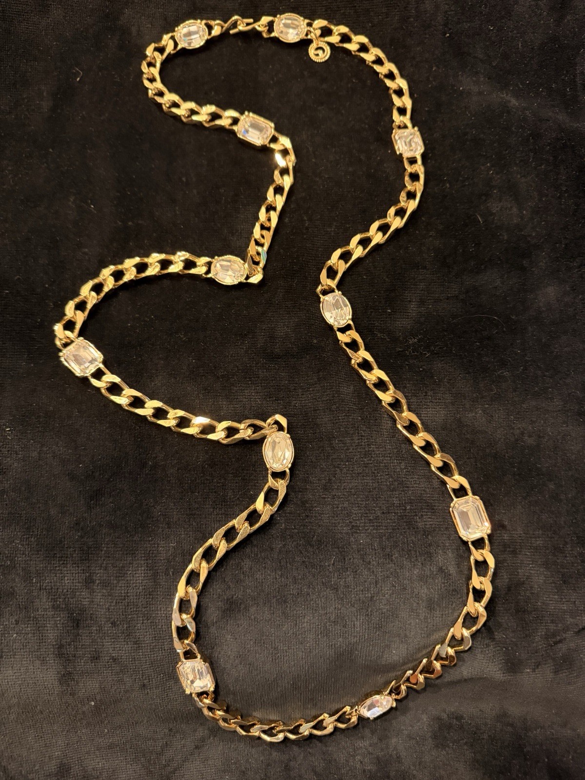 Vintage St. John Couture 50″ Crystal Station Curb Chain Necklace Belt SJ Crest