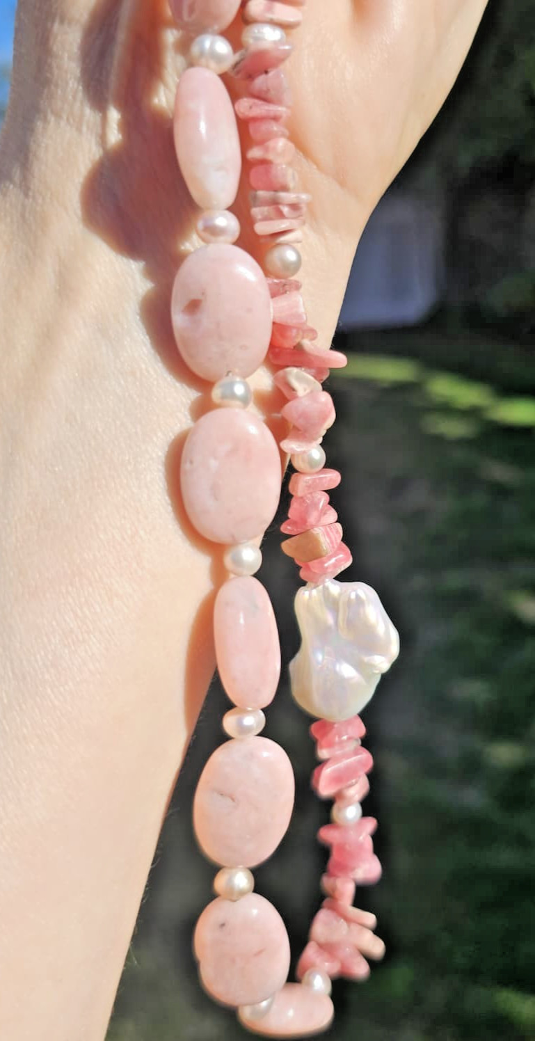 Baroque Pearl, Rose Opal, and Rhodochrosite Beaded Necklace, 20.5 in