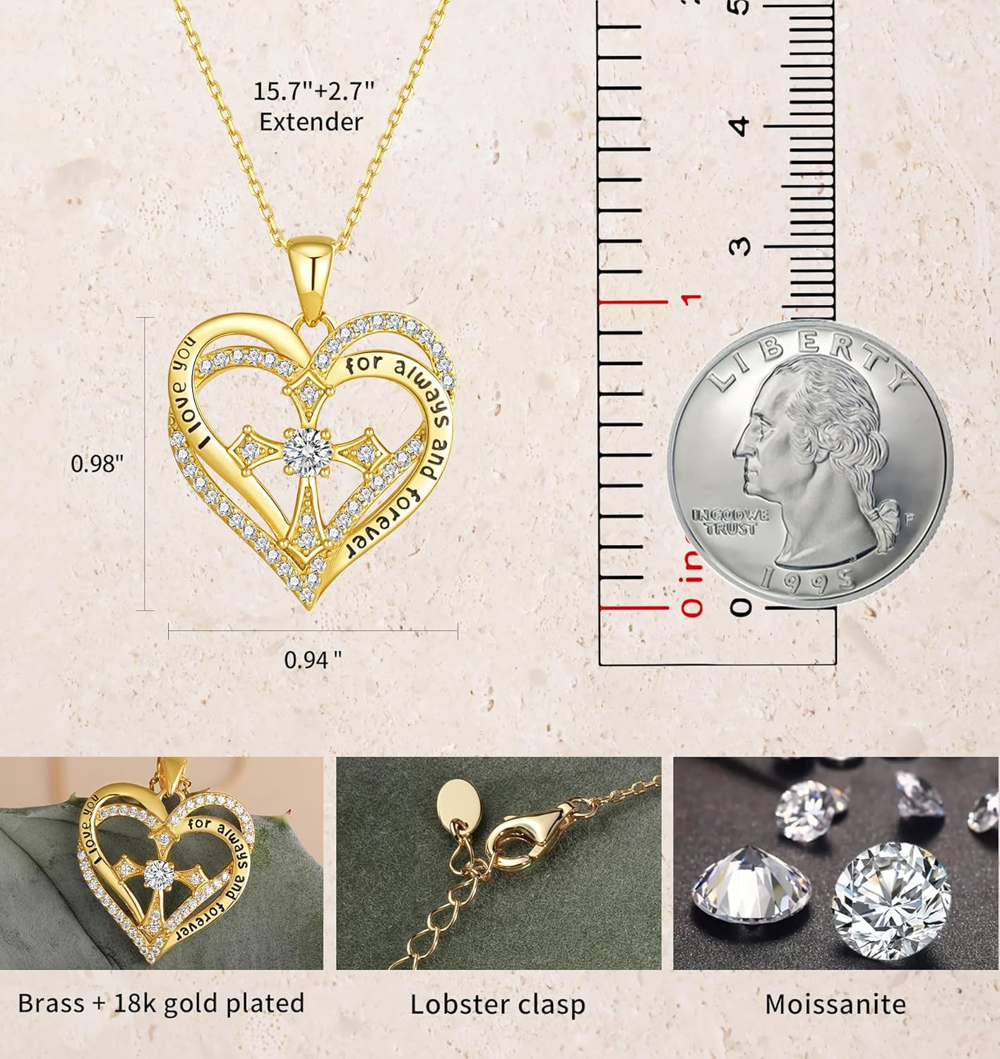 Gold Plated Heart Cross Cat Necklace for Women Cz Diamond Cat Cross Heart Neckla