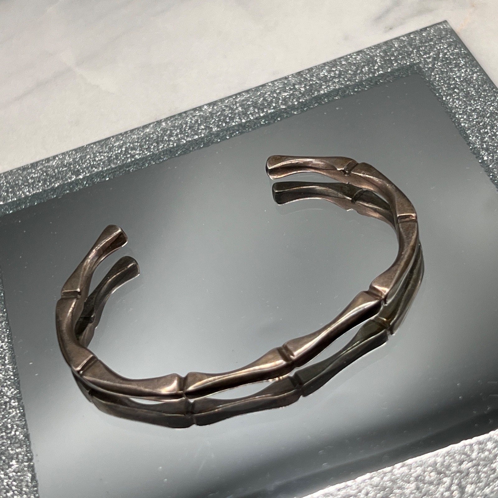Vintage Mexico Sterling Silver Bamboo Cuff Bracelet Modern 925 Taxco Signed 16g