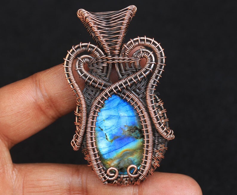 Rare Blue Flash Labradorite Copper Wire Wrap Pendant Jewelry For Gift N232