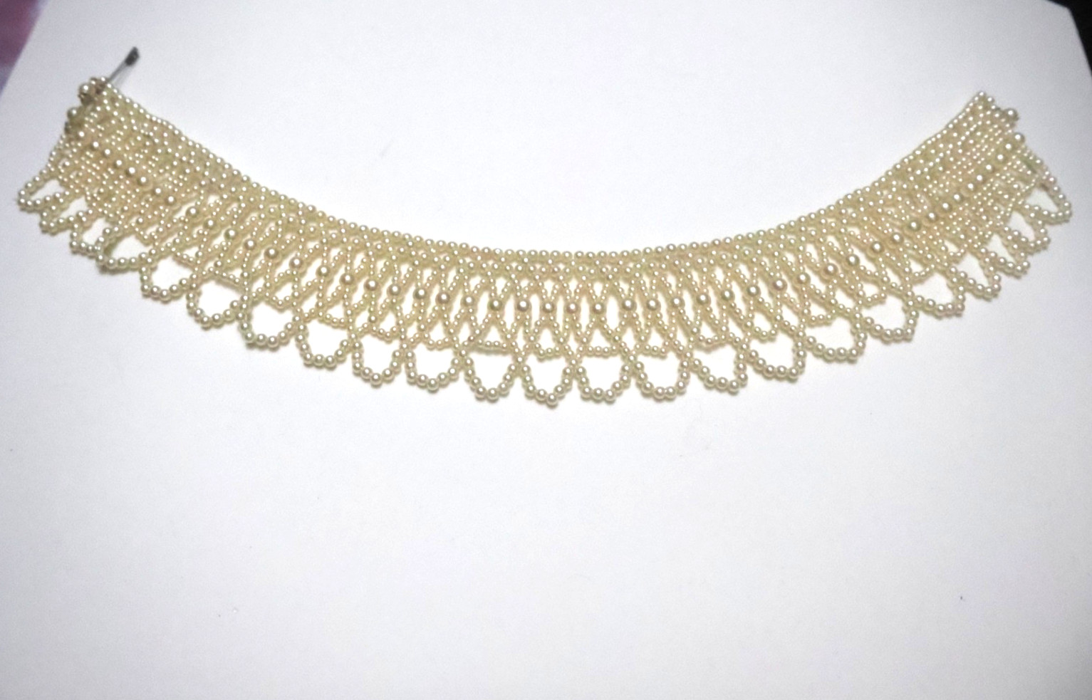 Vintage Faux Pearl Woven Lace Bib Collar Necklace Choker Multi-Strand Seed Pearl
