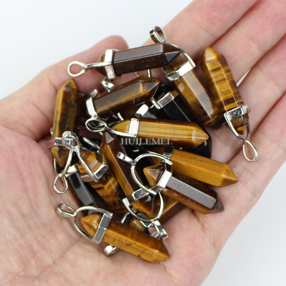 10pcs Natural Tiger’s Eye Stone Hexagonal Pointed Reiki Chakra Pendant Bead