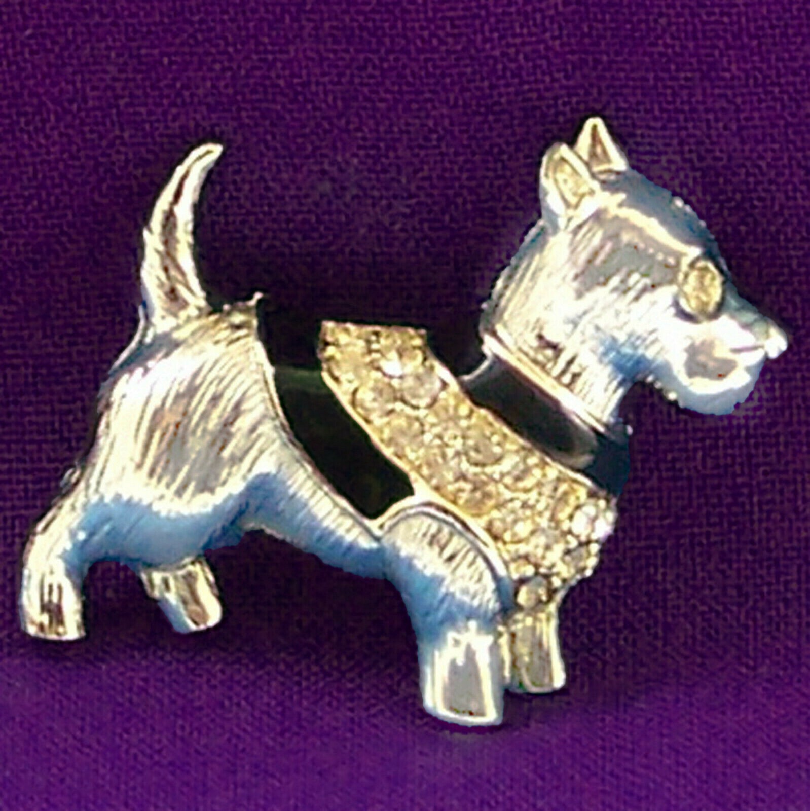 Vintage Pin Dog Scottish Terrier Black Enamel Rhinestones Goldtone Brooch