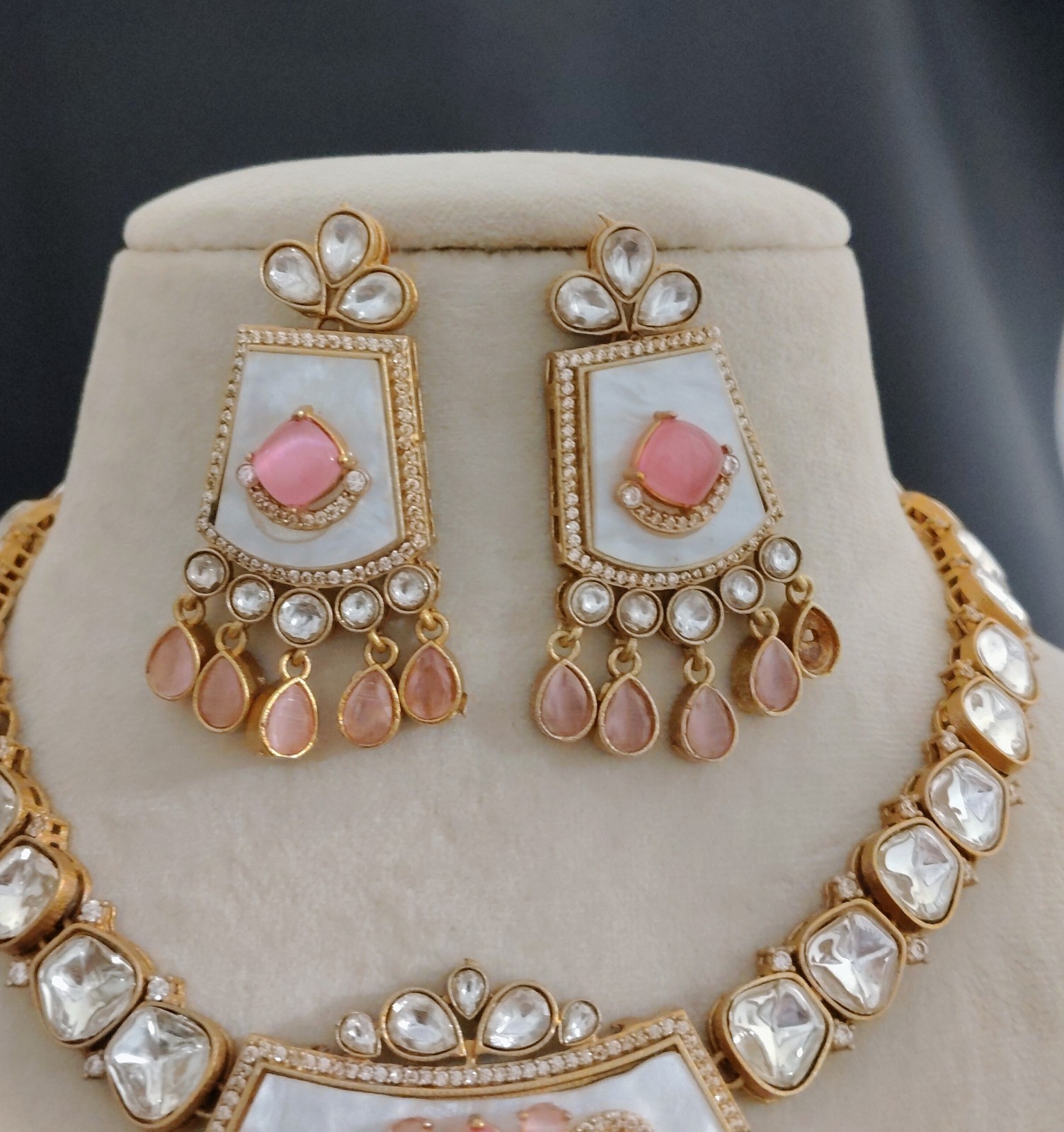 Zahida Royal Blush Pink Polki Necklace Set with Matching Earrings Roz Jewellers.