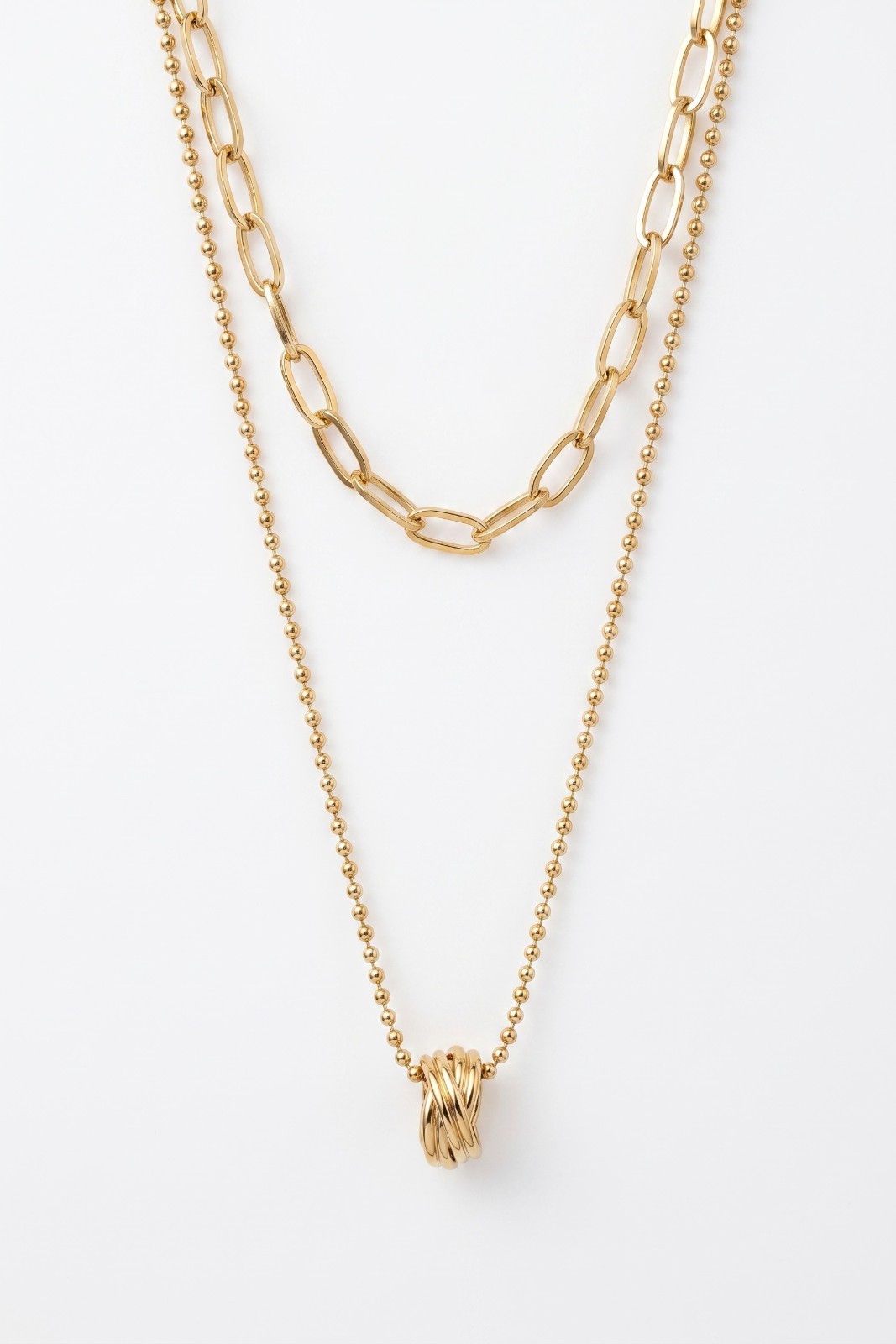 2Pcs Stainless Steel 18K Gold Plated Paperclip Ball Chain Knot Necklace Set