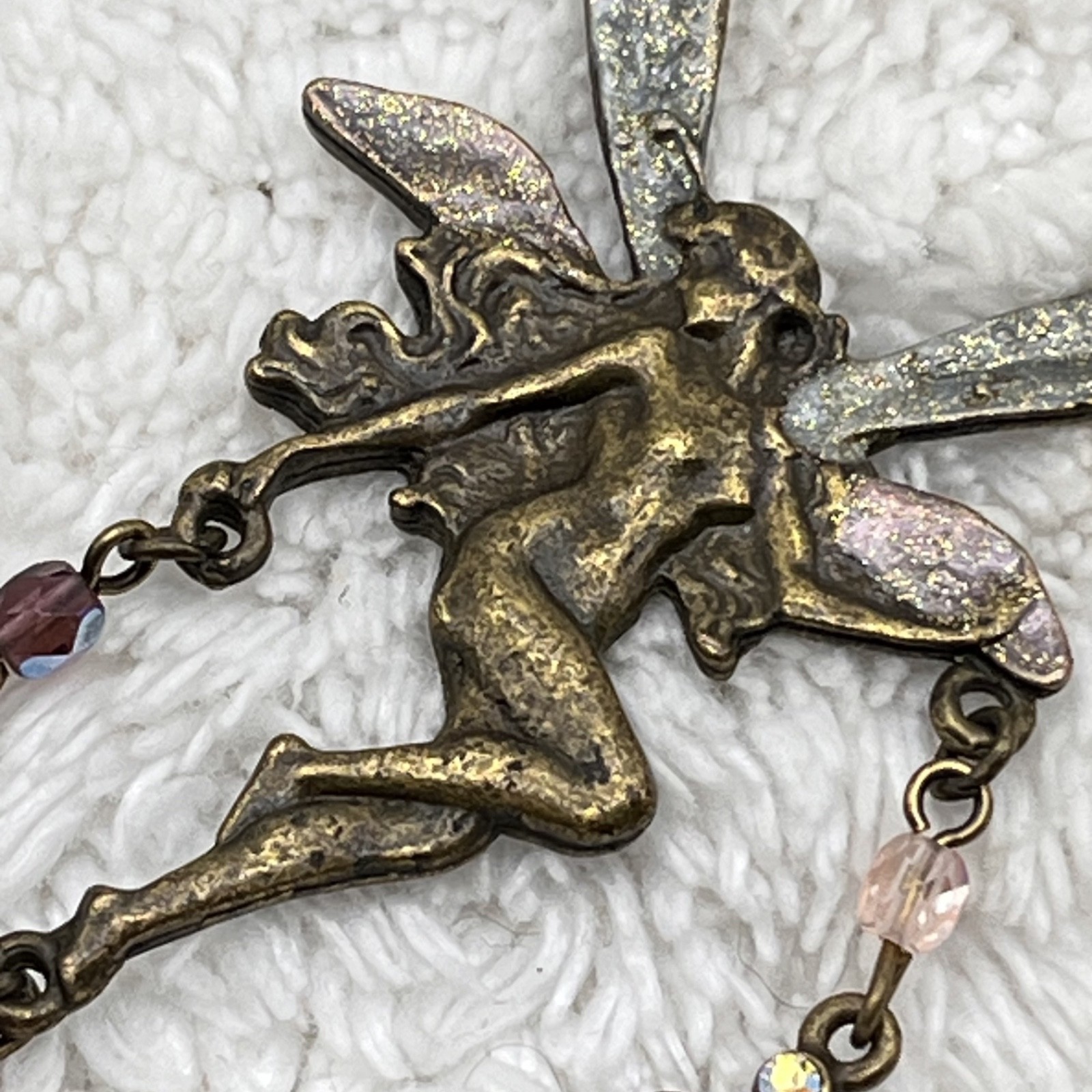 Sweet Romance Fairy Necklace Antiqued Bronze Tone Crystal Bead Pixie Pendant 30″