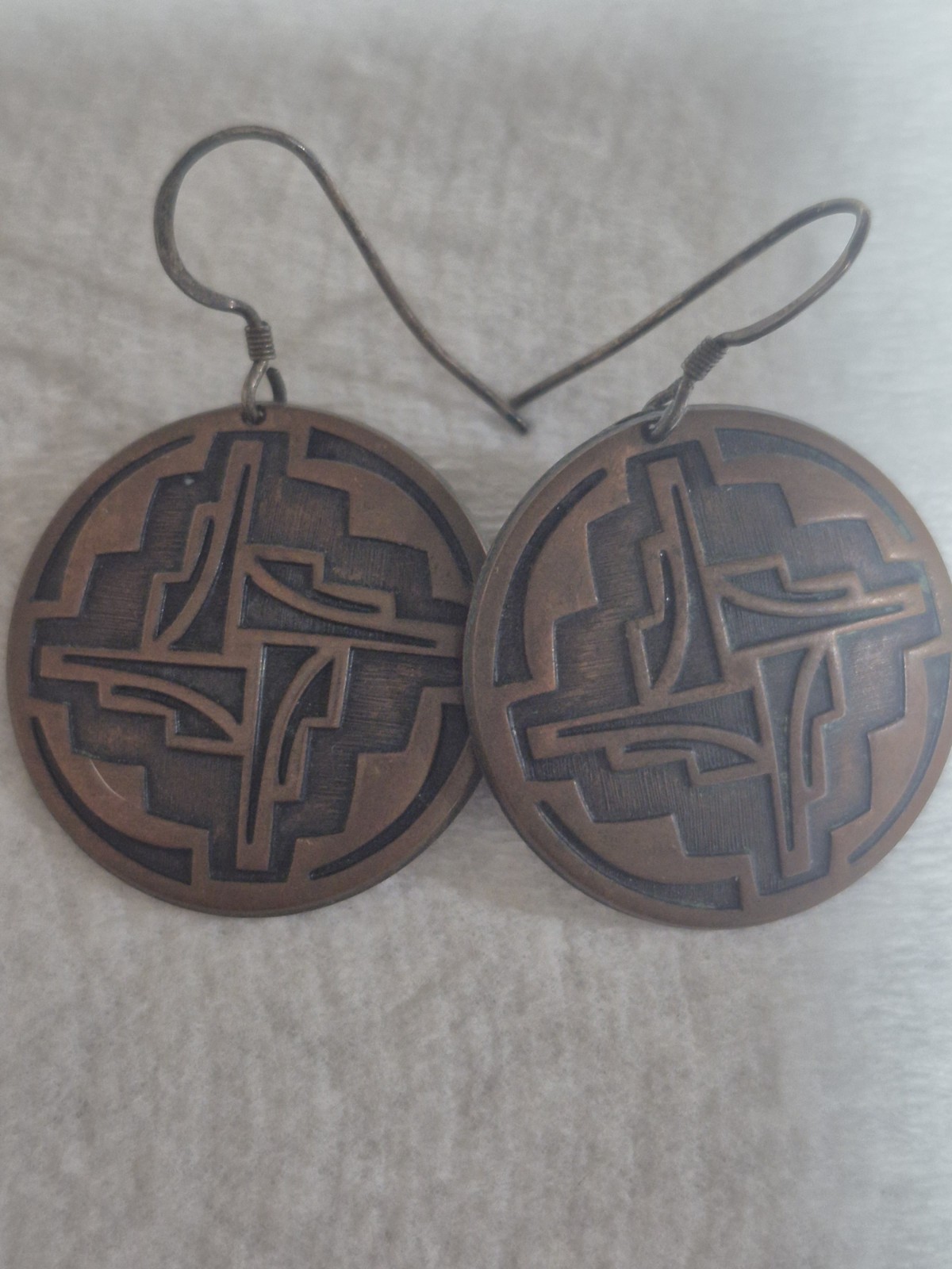 Vintage Bronze Tone Round Cross Dangle Drop Earrings Hook Closure No Stone