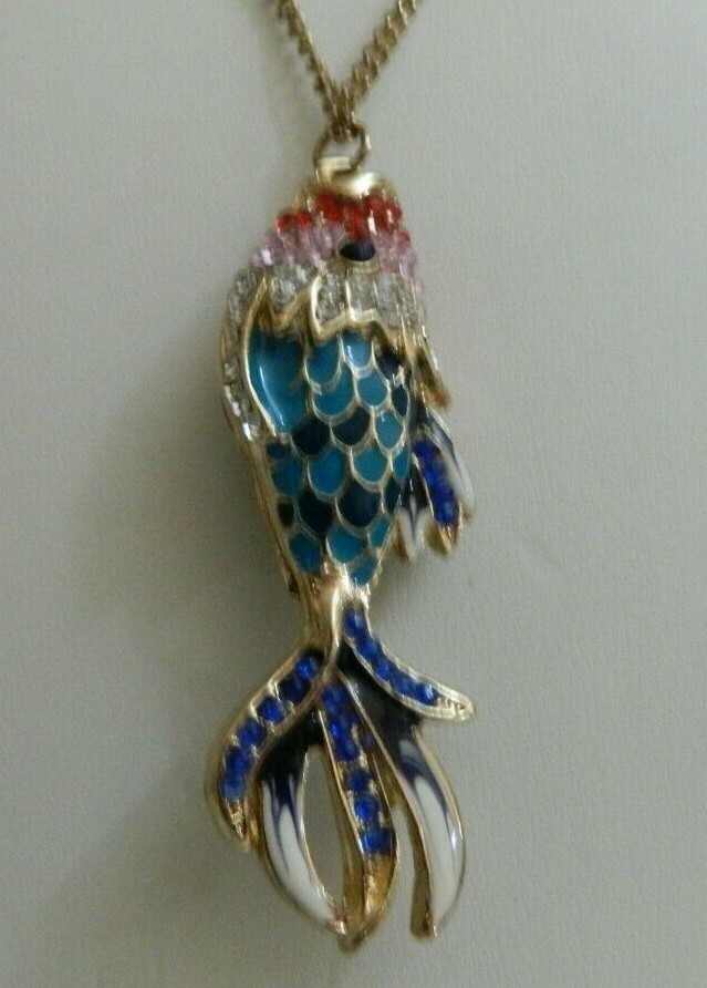 Colorful Fish Pendant Enamel Necklace Gold Tone Chain Blue White Orange Pink Red