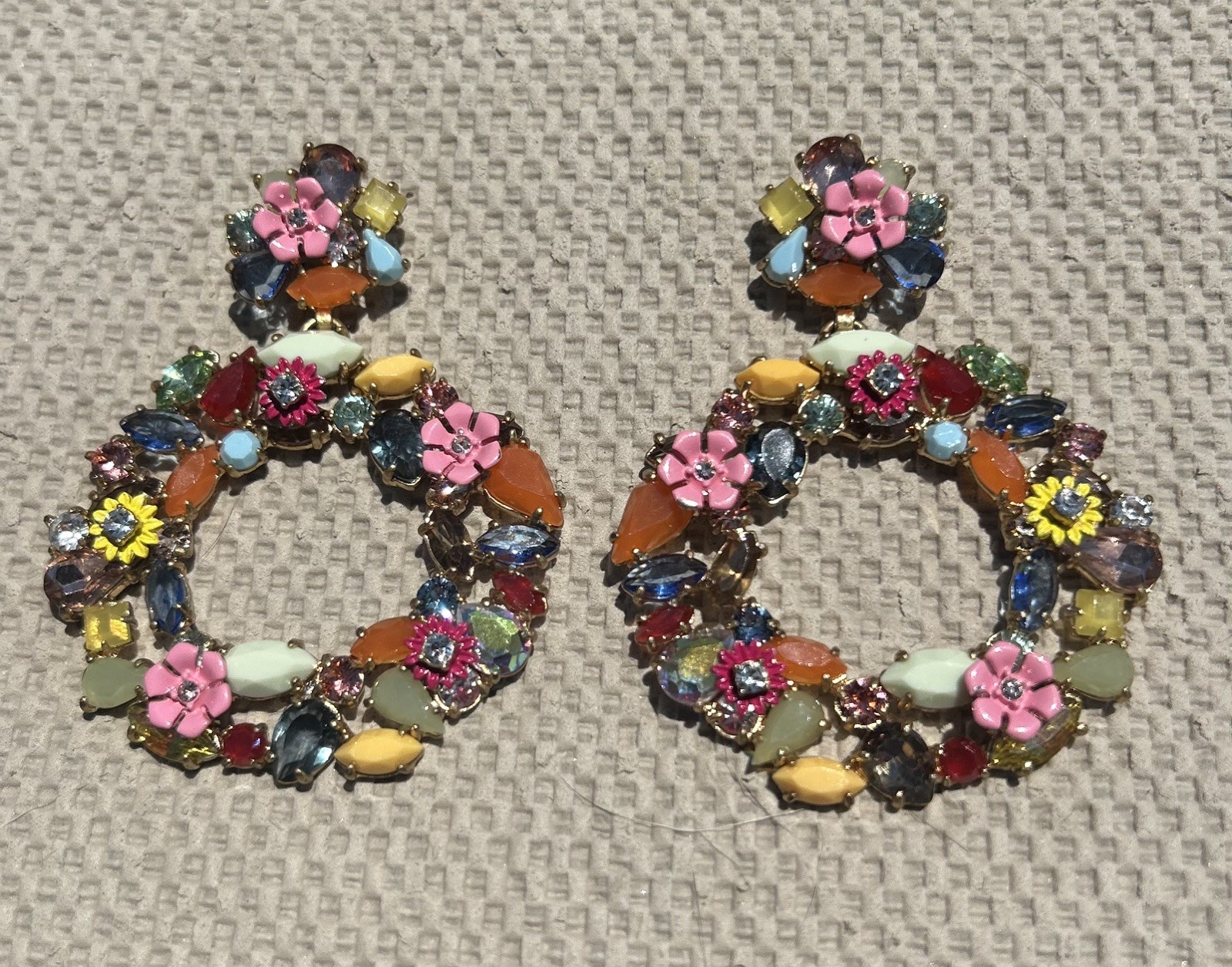 J.Crew Watusi Crystal Floral Wreath Earrings Multi-Color Light Gold Brass NEW