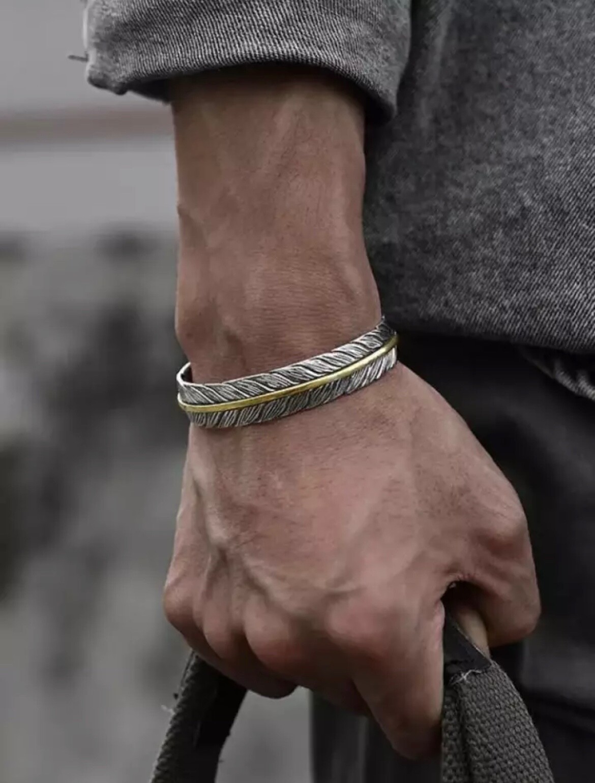 Men’s Fashion Jewelry Silver Feather Adjustable Bangle Cuff Bracelet 1-268