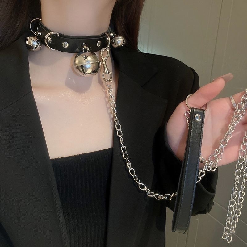 Gothic Faux Leather Choker Set Detachable Chain Leash Bell