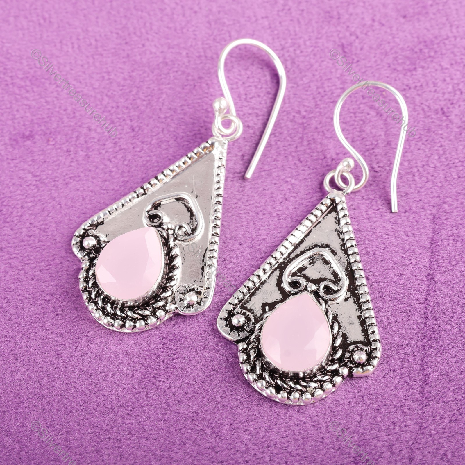 Rose Chalcedony Gemstone Channel Set Wife Dangling Wedding Earrings 925 Silver