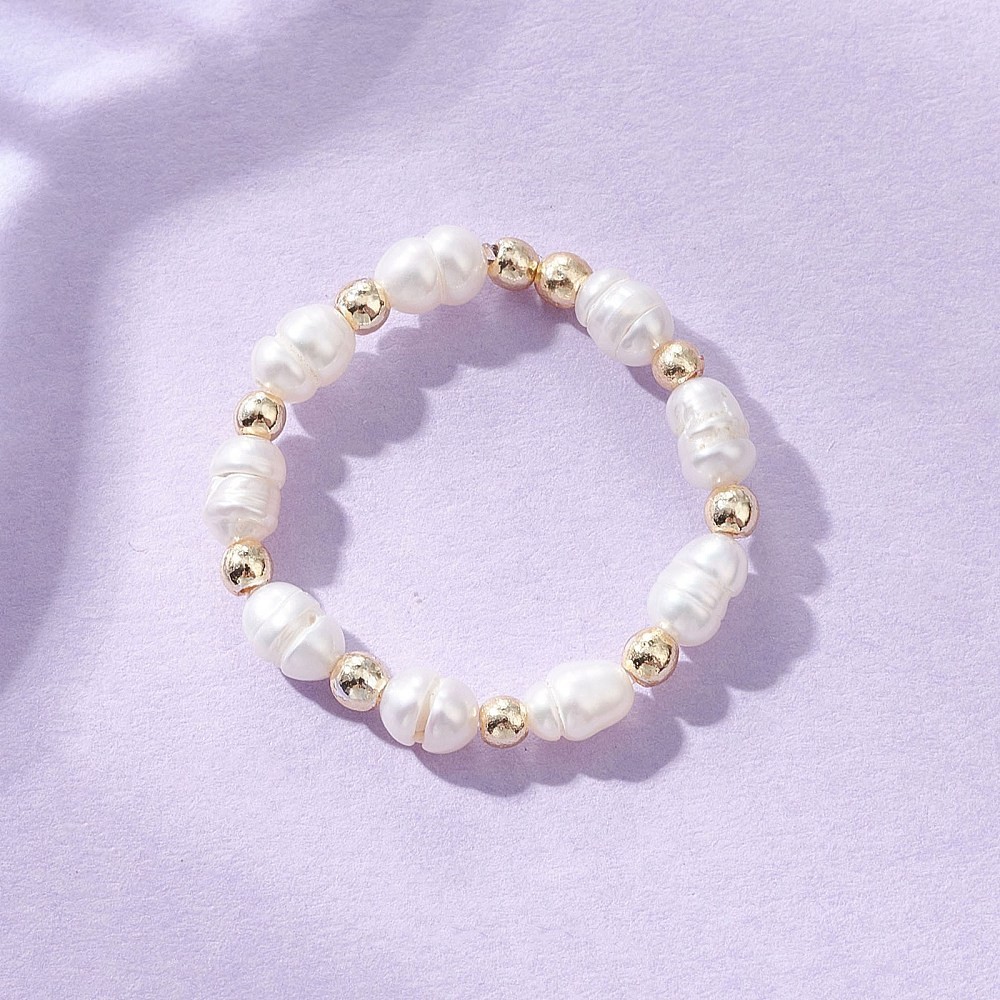 Beaded Ring Pearl Gold Adjustable Stretch Rice Round Crystal 3.5mm Wide R198