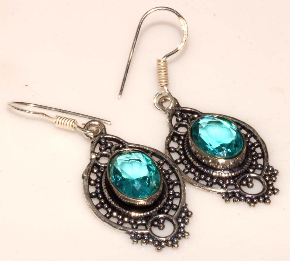 925 Silver Plated Blue Topaz Ethnic Earrings Handmade Jewelry Size 1.8″ JW
